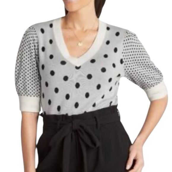 La Serein Polka Dot V-Neck Sweater - Black and White size extra small - Picture 2 of 6